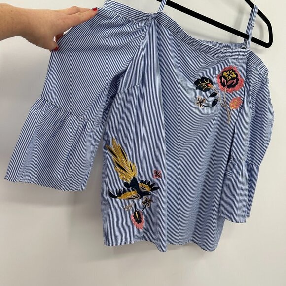 INC INTERNATIONAL CONCEPTS Blue White Stripe Bell Cold Shoulder Boxy Shirt XXL - Picture 5 of 8